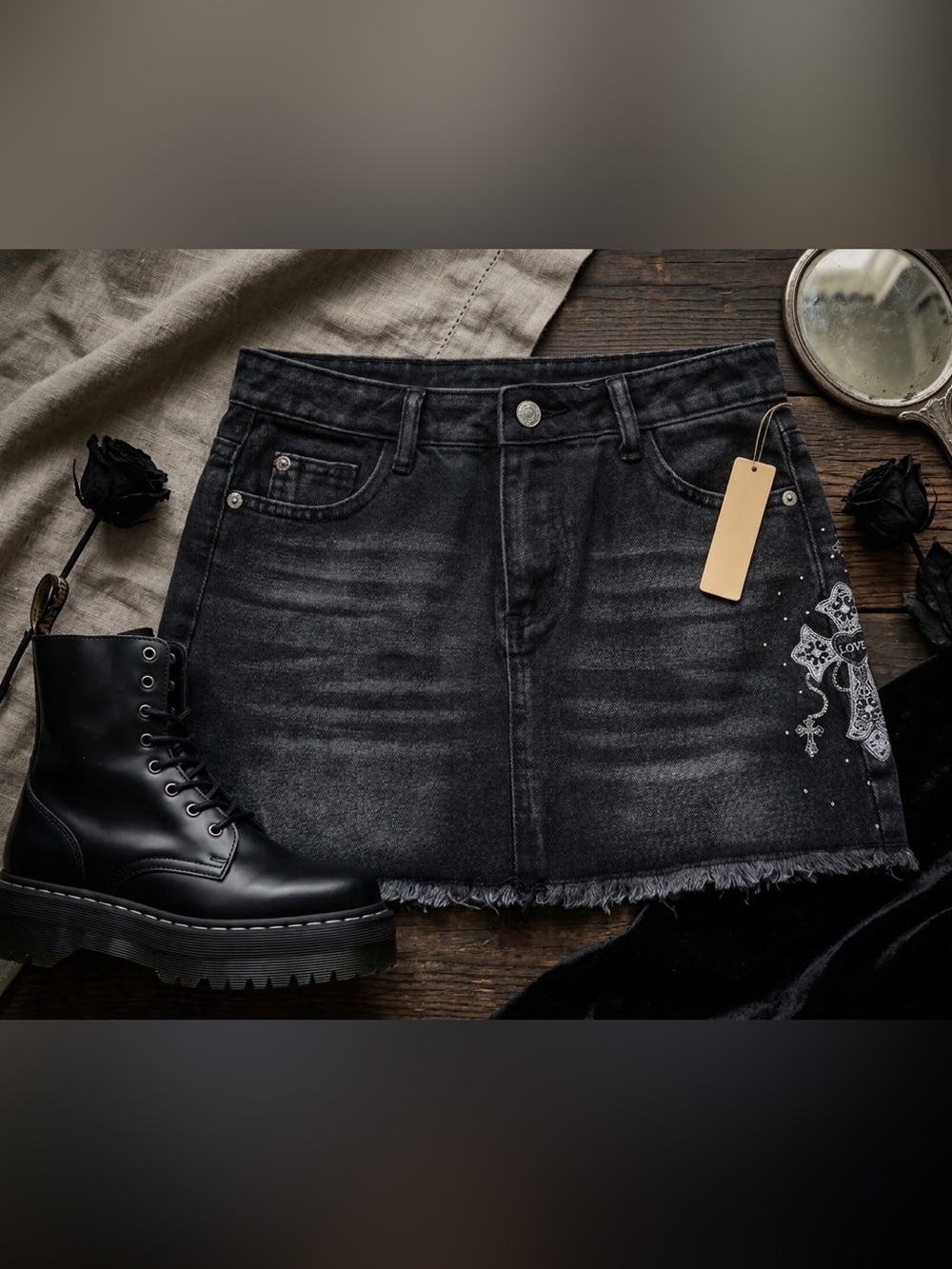 Black Distressed Denim Fringe Mini Skort with Chain Detail